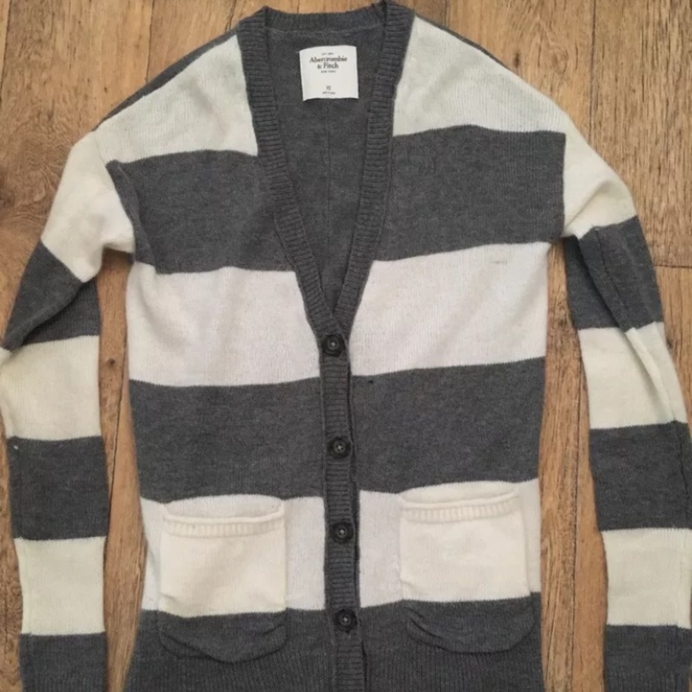Abercrombie gray and white striped cardigan